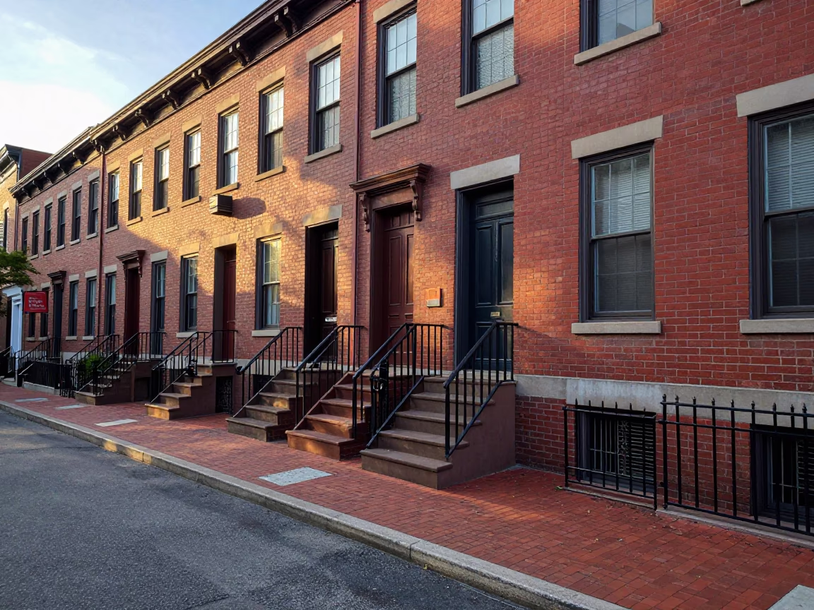 Sunrise light on historic Philadelphia brick architecture and quiet street corner in in Philadelphia, Pennsylvania, United States
