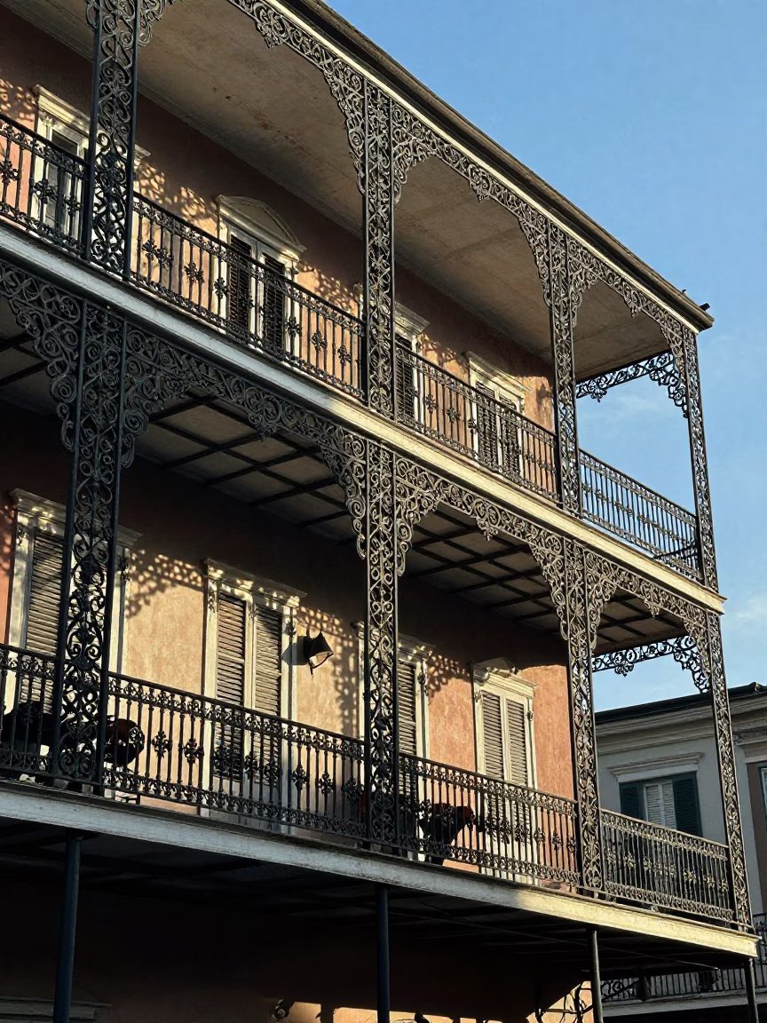 Sunrise light on historic wrought iron balconies in New Orleans French Quarter in in New Orleans, Louisiana, United States