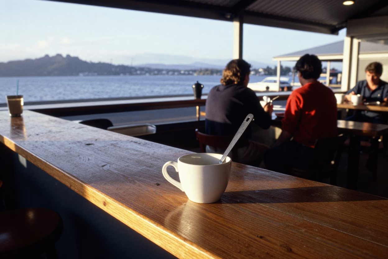 Sunrise light on Hobart waterfront with cup and spatula on cafe counter in in Hobart, Tasmania, Australia