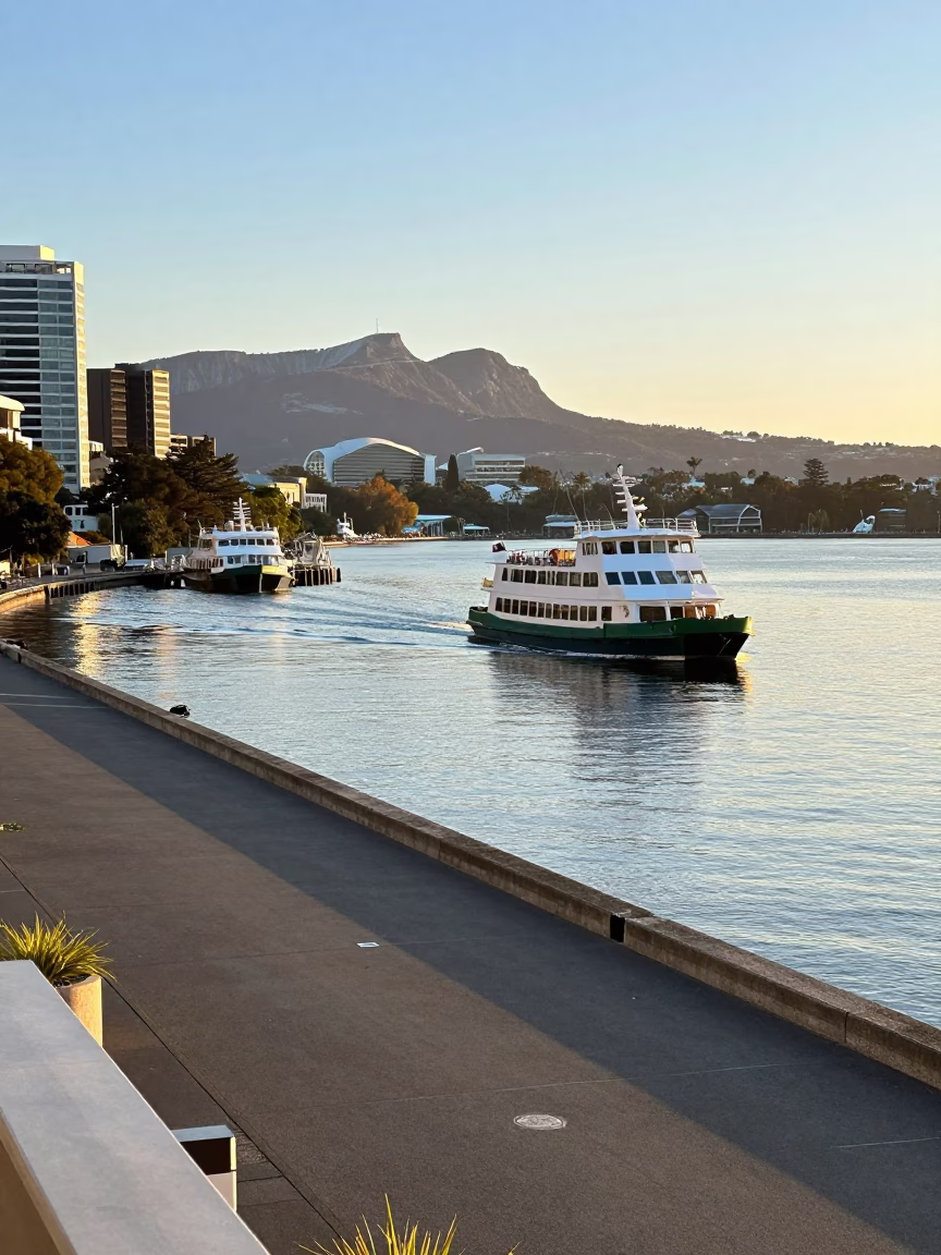 Sunrise light on Hobart waterfront with ferry and Mount Wellington backdrop in in Hobart, Tasmania, Australia