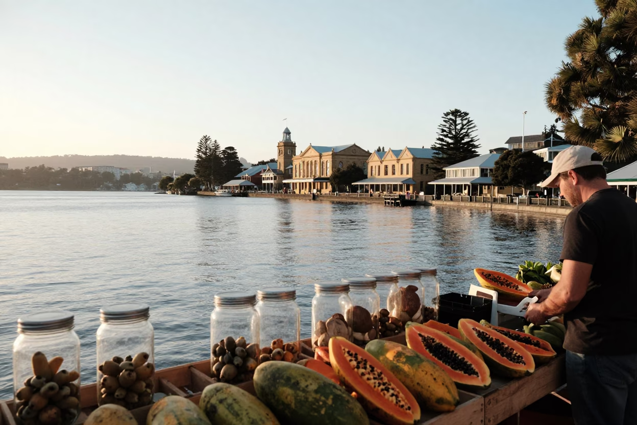Sunrise light on Hobart waterfront with glass jar and papayas on market stall in in Hobart, Tasmania, Australia