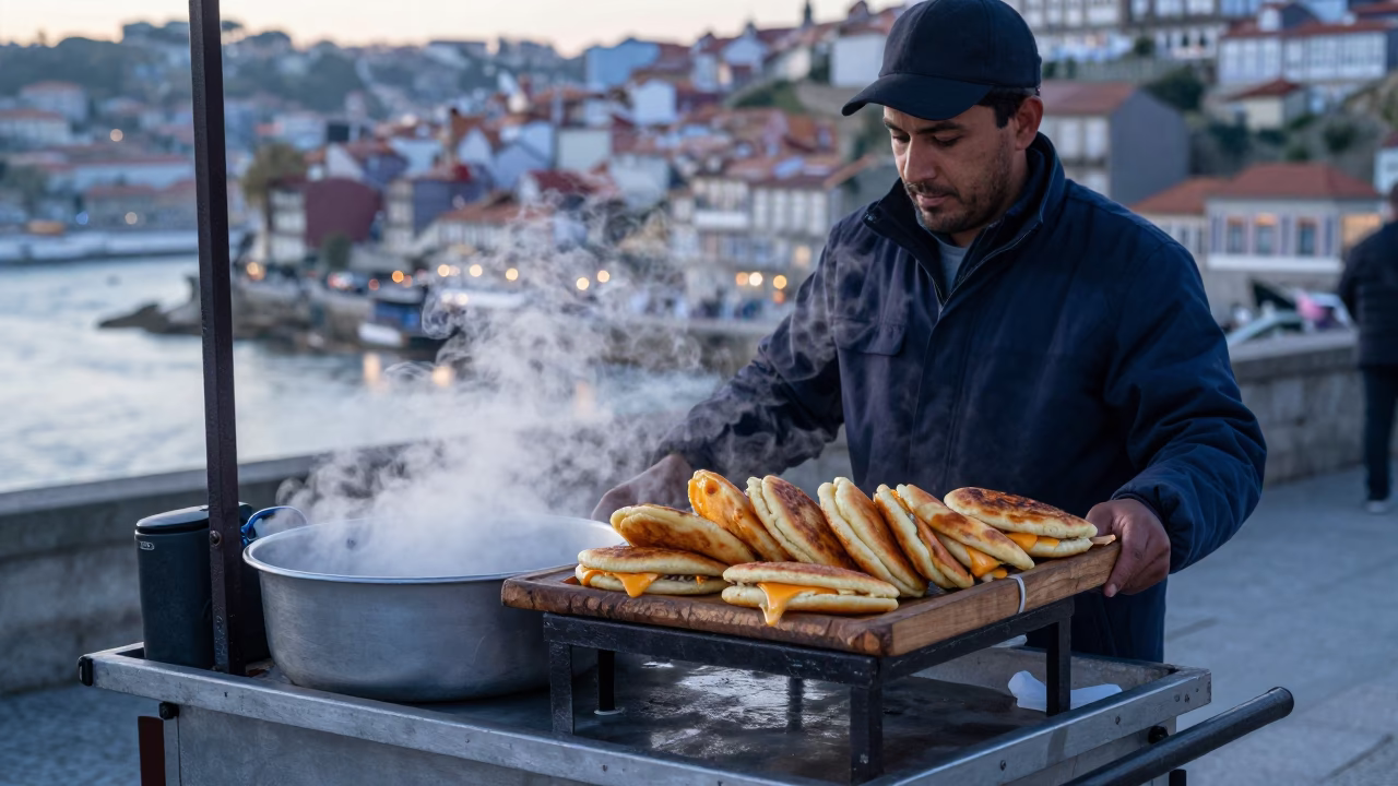 Sunrise Light on Hot Arepas in Porto in in Porto, Portugal