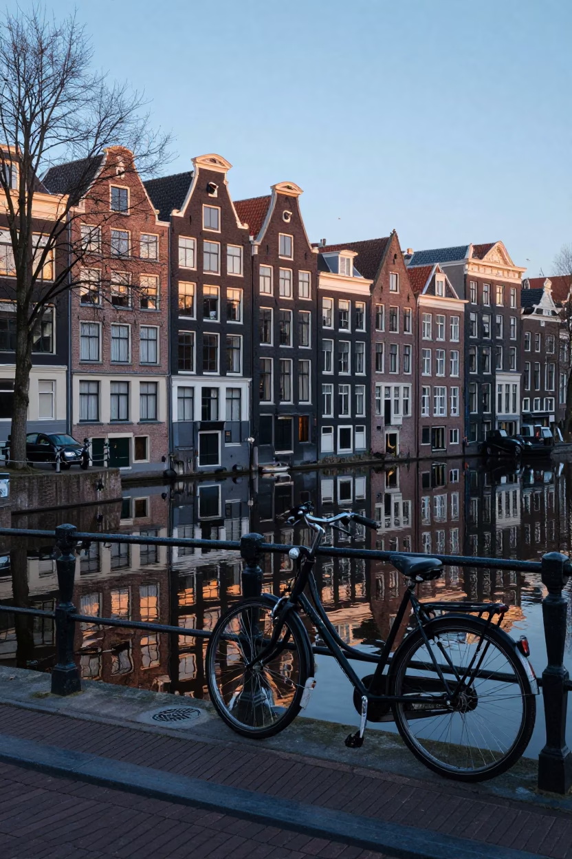 Sunrise Light on House Reflections in Amsterdam in in Amsterdam, Netherlands