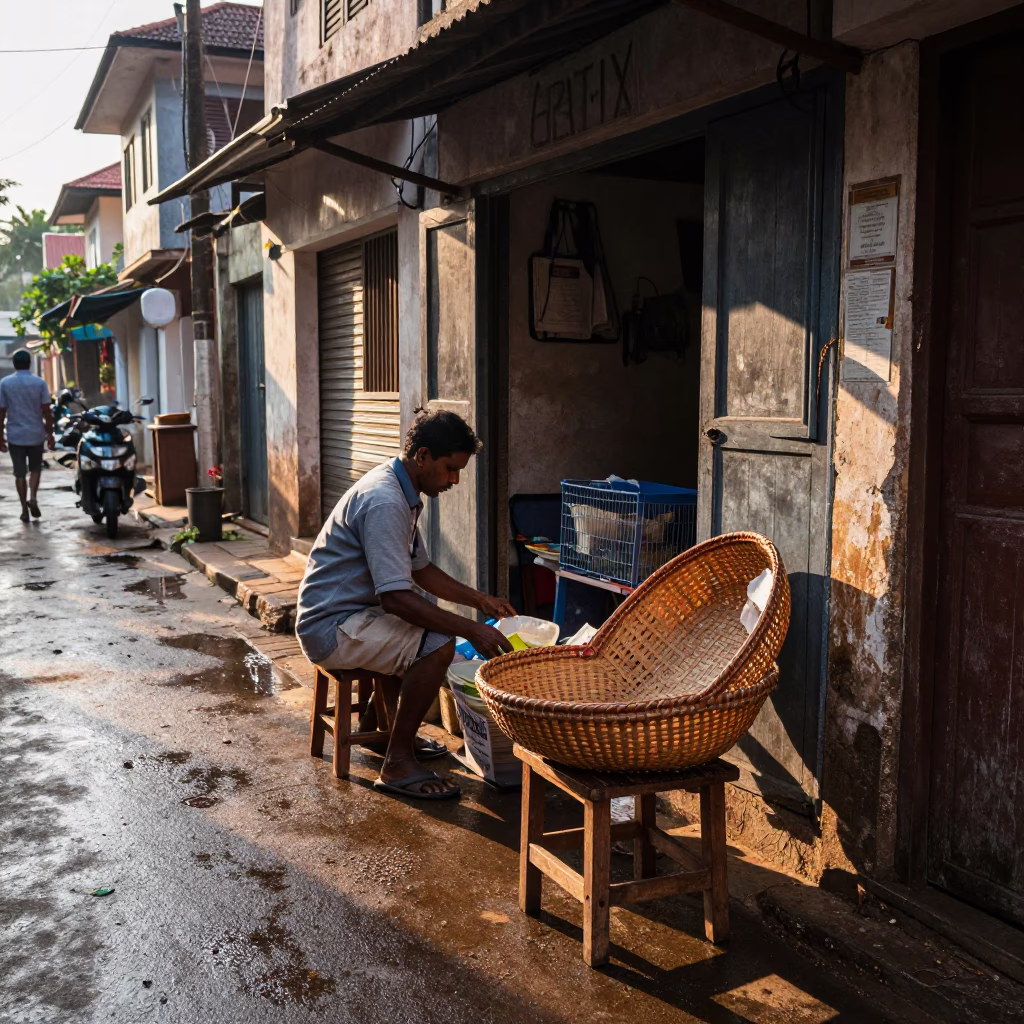 Sunrise Light on Kochi Street with Mending Basket and Morning Routine in in Kochi, India