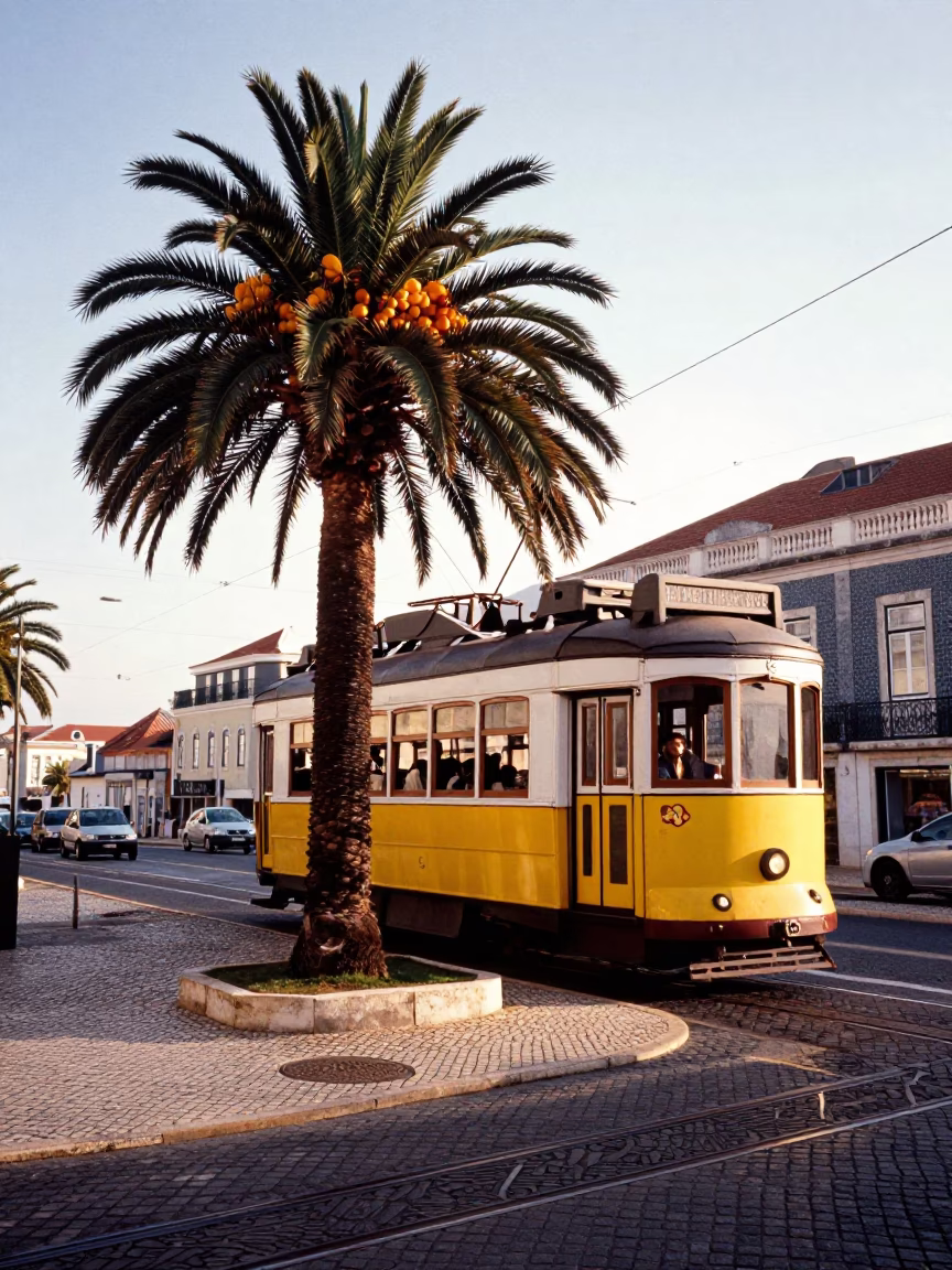 Sunrise Light on Lisbon Tram 28 Passing Date Palm with Amber Fruit Clusters in in Lisbon, Portugal