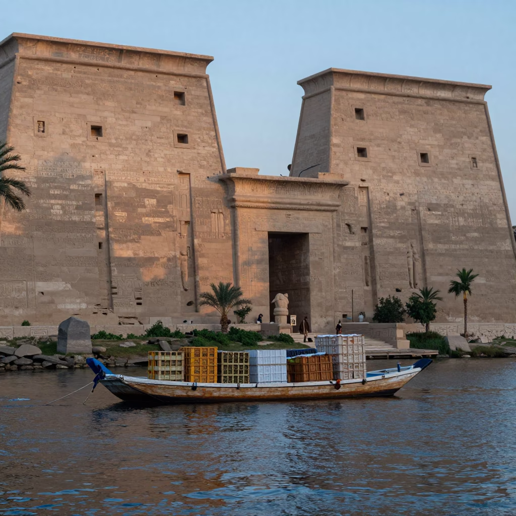 Sunrise Light on Luxor Nile Canal Barge and Ancient Temple Walls in in Luxor, Egypt