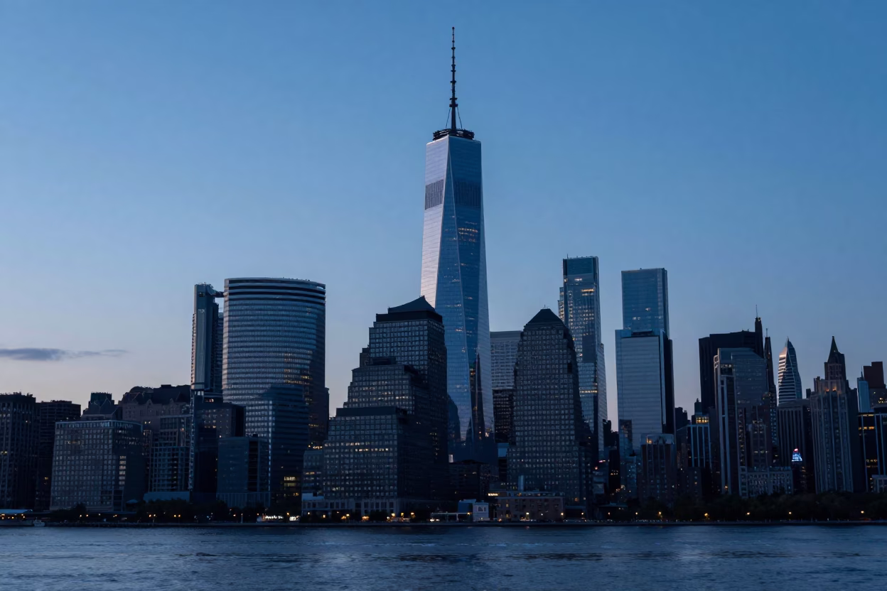 Sunrise Light on Manhattan Skyline in New York in in New York, New York, United States