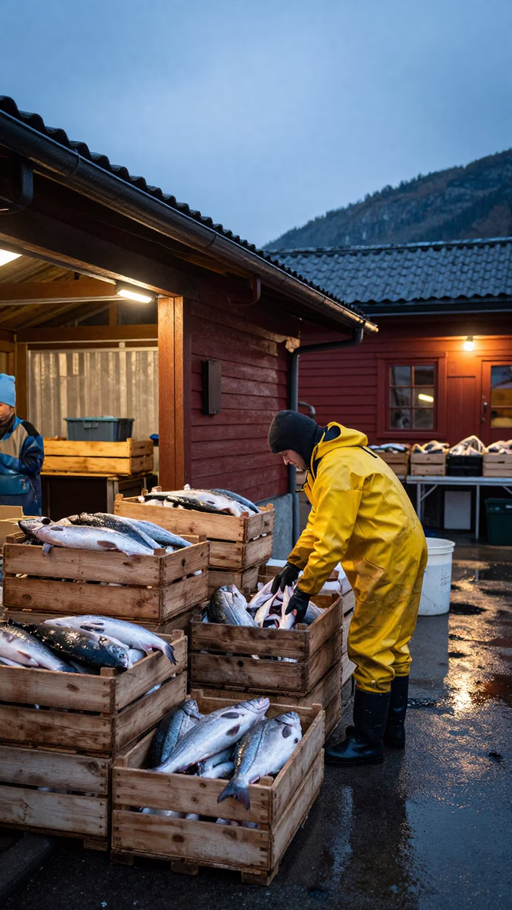 Sunrise Light on Market Activity in Bergen in in Bergen, Norway
