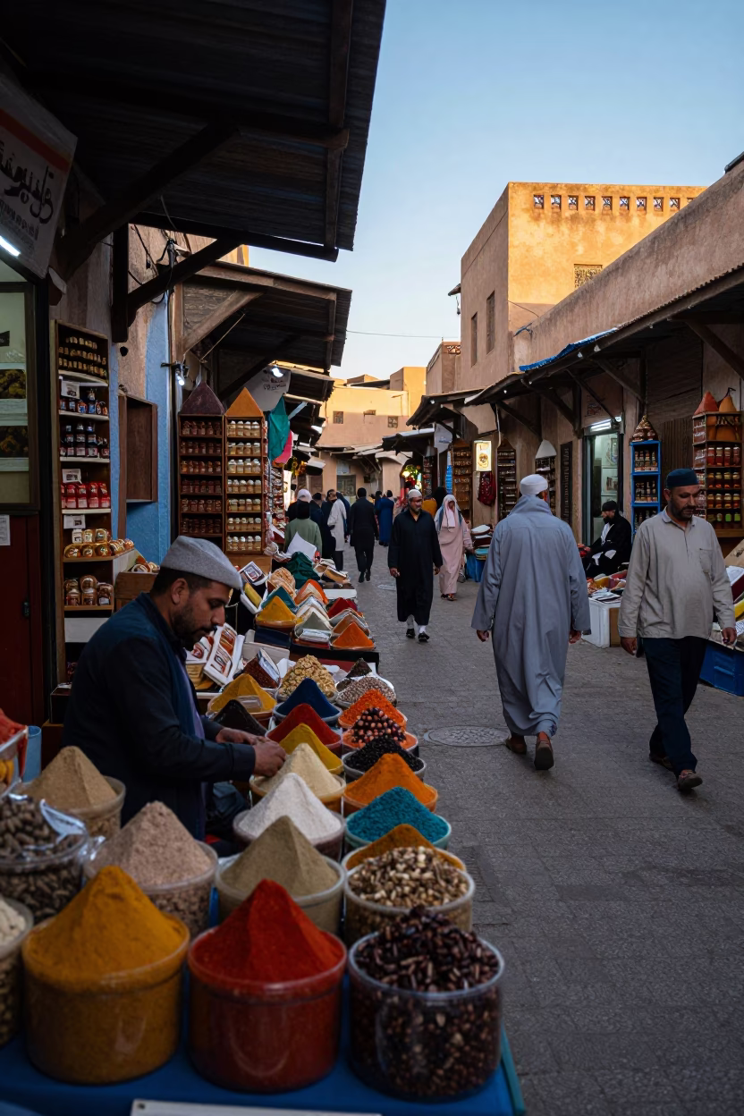 Sunrise Light on Market Scene in Fez in in Fez, Morocco