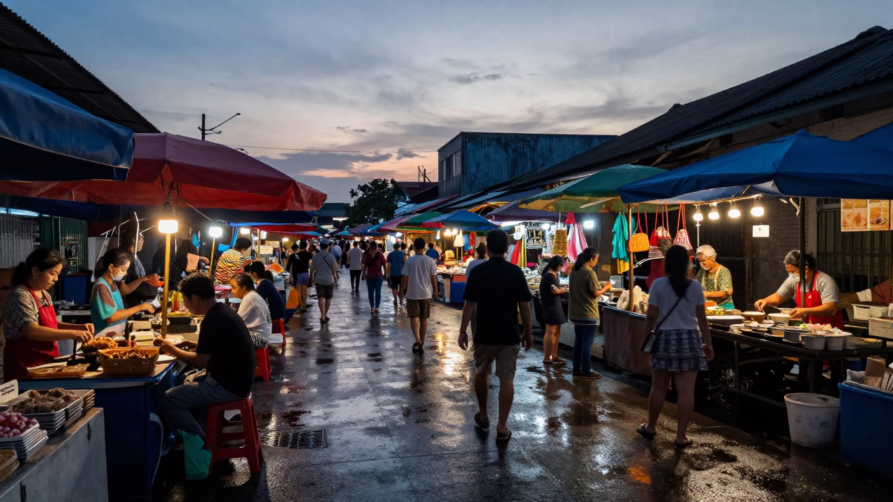 Sunrise Light on Market Scene in Phuket in in Phuket, Thailand