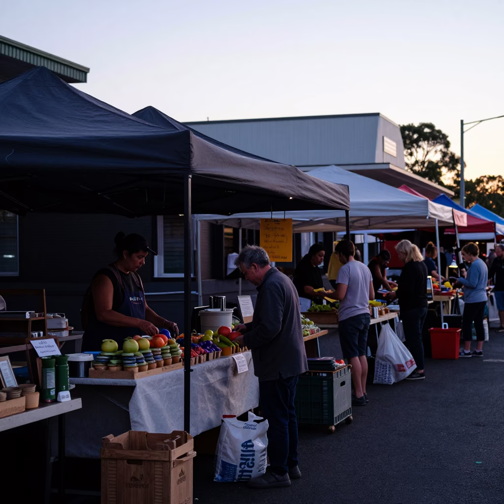 Sunrise Light on Market Stall in Adelaide in in Adelaide, South Australia, Australia