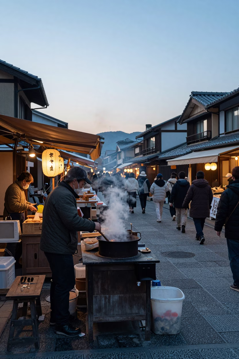Sunrise Light on Market Stall in Kyoto in in Kyoto, Japan