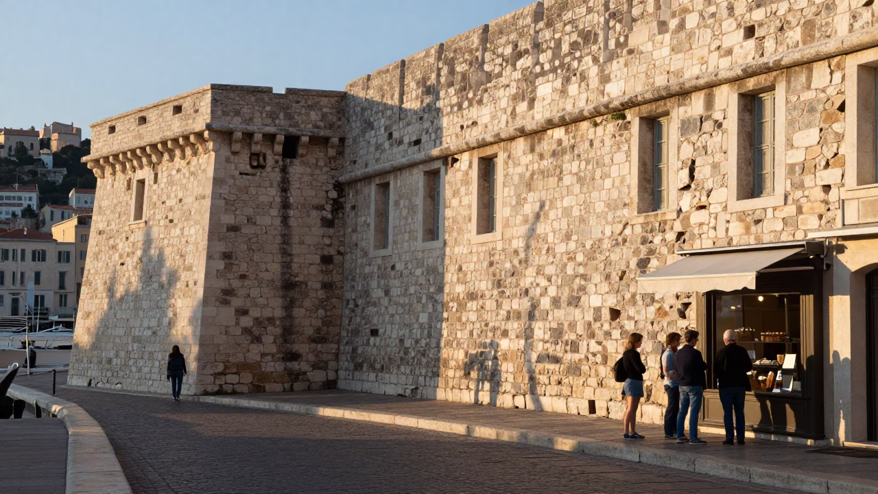 Sunrise Light on Marseille Vieux Port Stone Walls with Local Street Details in in Marseille, France