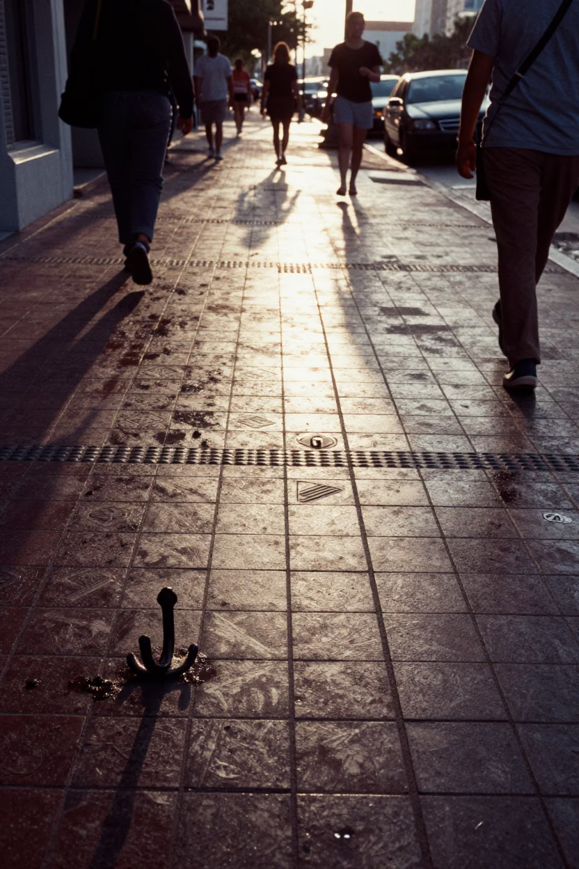 Sunrise Light on Miami Brickell Avenue Sidewalk with Iron Hook and Tile Grout Details in in Miami, Florida, United States