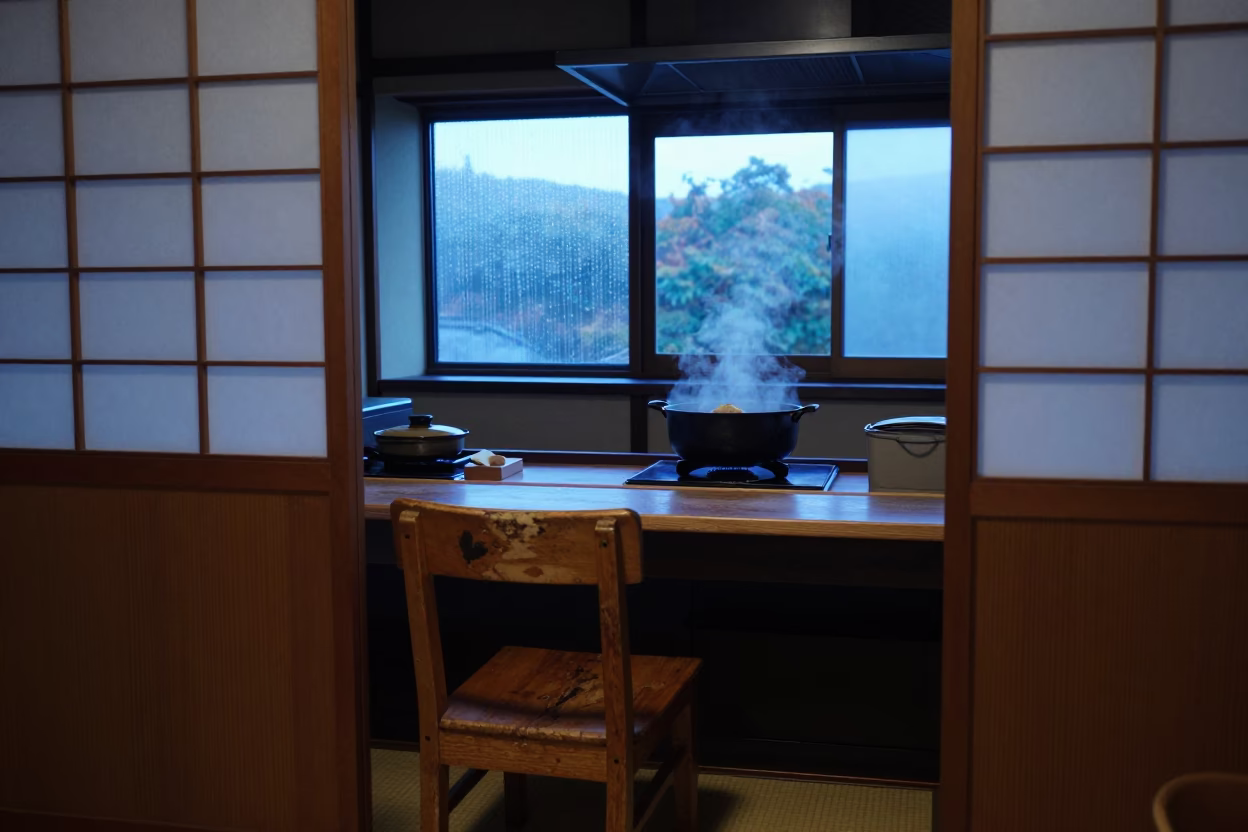 Sunrise Light on Morning Kitchen in Kyoto in in Kyoto, Japan