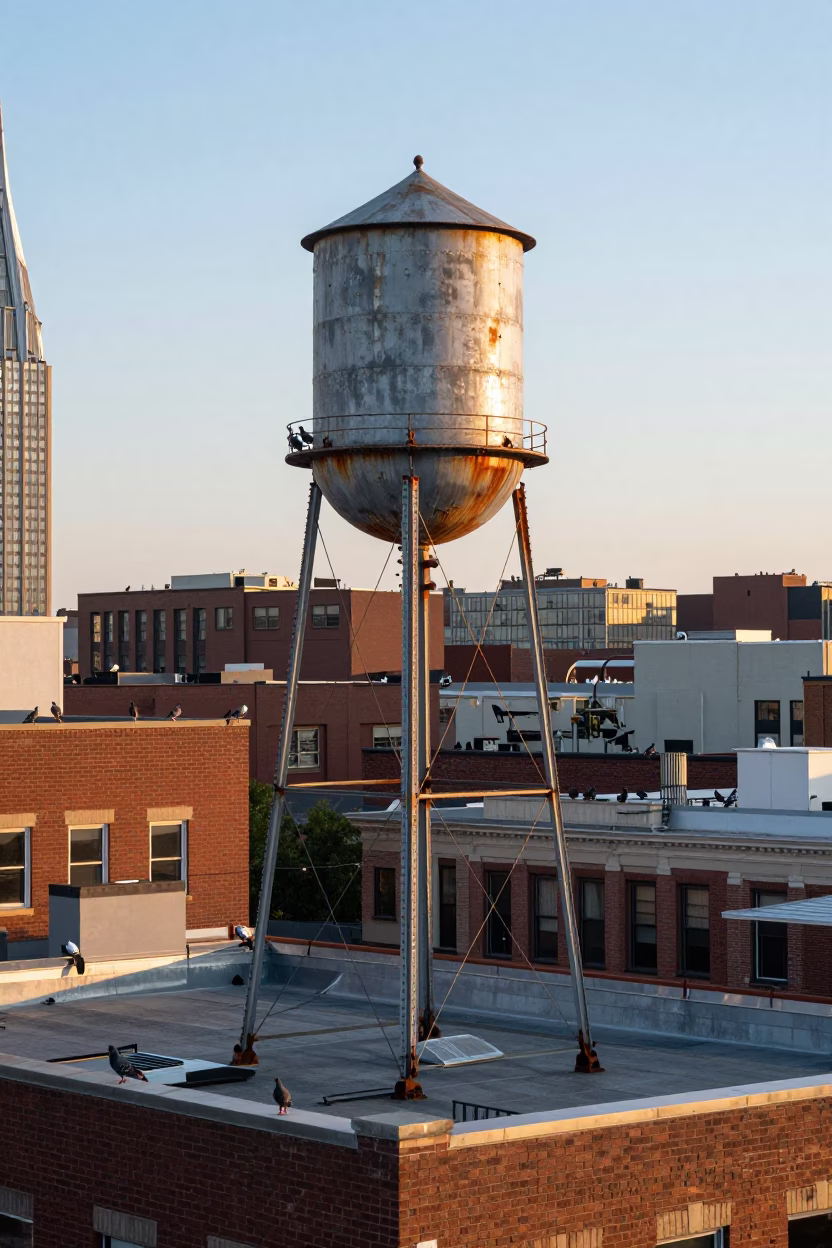 Sunrise Light on Nashville Rooftop Water Tower with Pigeons and Rust Details in in Nashville, Tennessee, United States