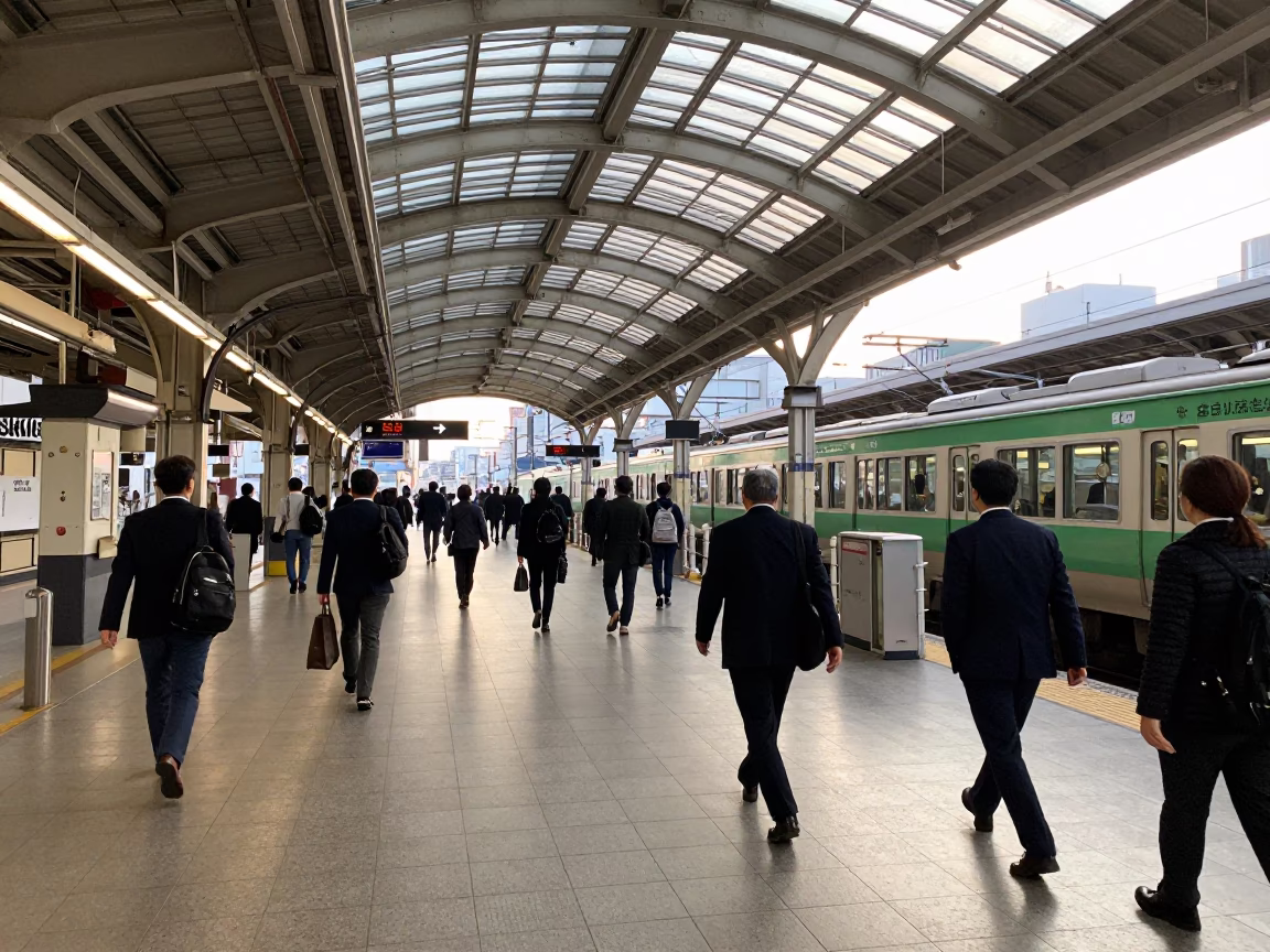 Sunrise light on Osaka street with train station roof and morning commuter details in in Osaka, Japan