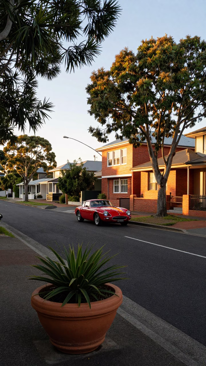 Sunrise Light on Perth Street with Flowerpot and Vintage Red Sports Car in in Perth, Western Australia, Australia
