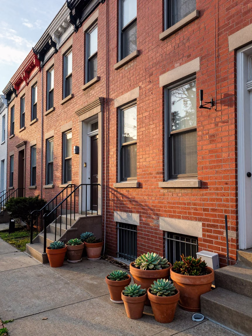 Sunrise Light on Philadelphia Row Home Brick Facade with Terracotta Plant Pots in in Philadelphia, Pennsylvania, United States