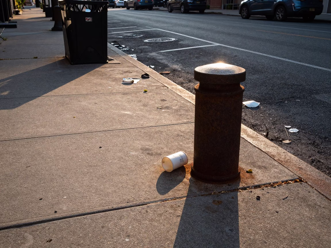 Sunrise Light on Philadelphia Street Corner with Trash and Urban Debris in in Philadelphia, Pennsylvania, United States