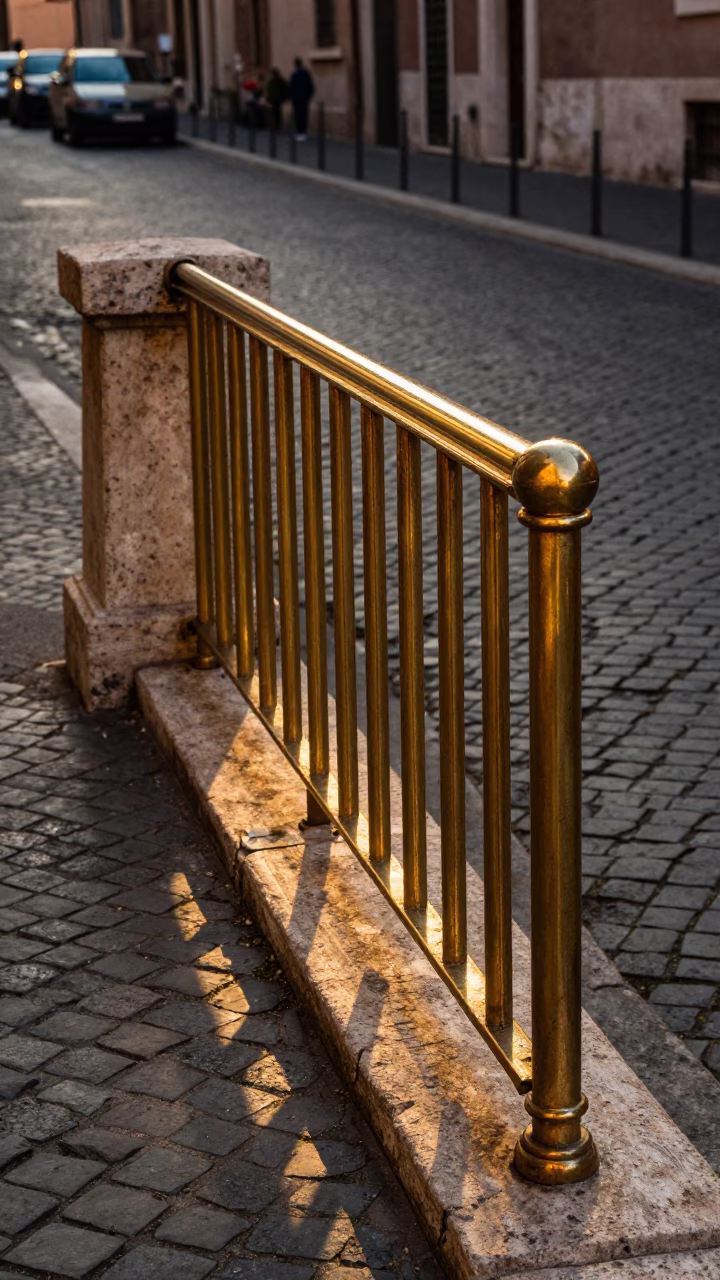 Sunrise Light on Polished Brass Rail in Historic Rome Italy Street Scene in in Rome, Italy