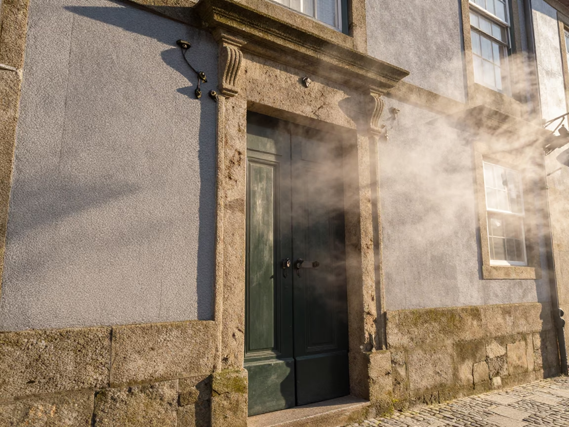 Sunrise Light on Porto Stone Facade with Steam and Iron Details in in Porto, Portugal