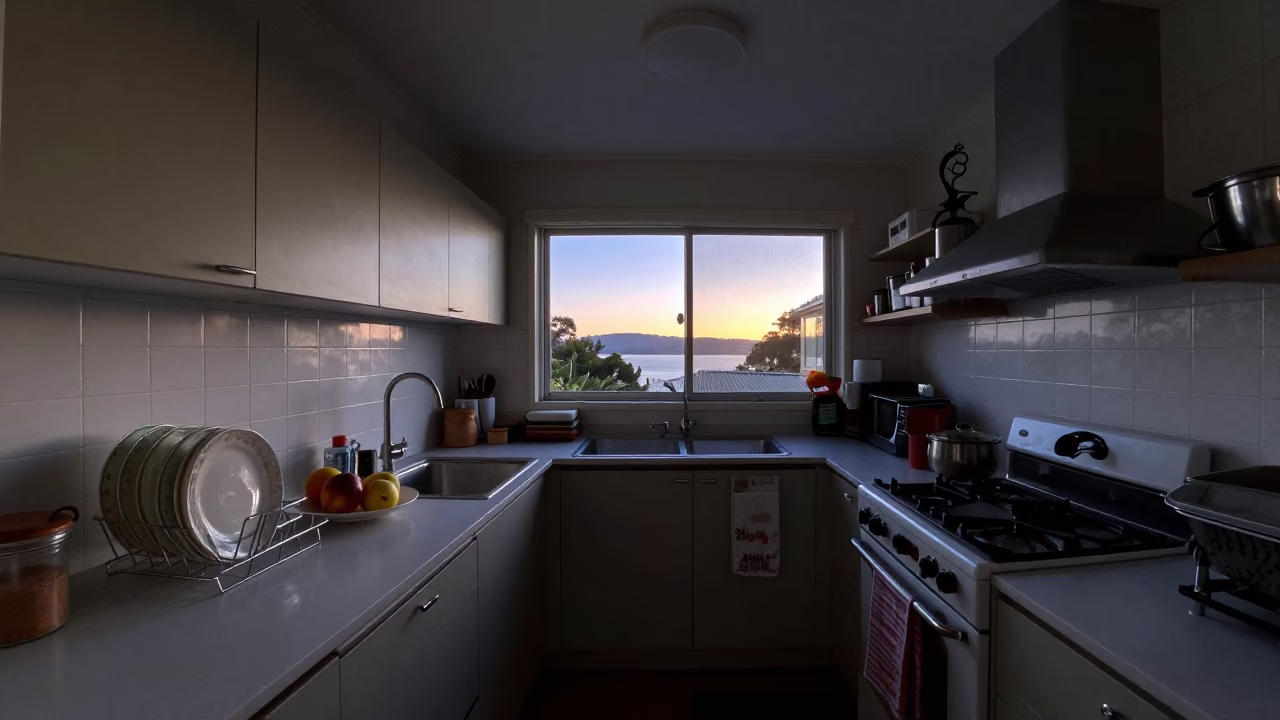Sunrise Light on Pre-Dawn Kitchen in Hobart in in Hobart, Tasmania, Australia