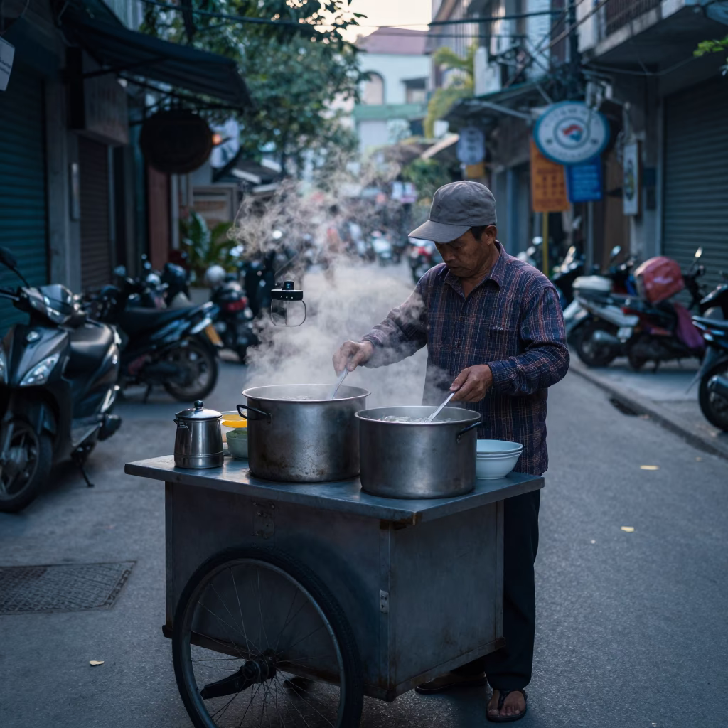 Sunrise Light on Preparing Pho in Hanoi in in Hanoi, Vietnam