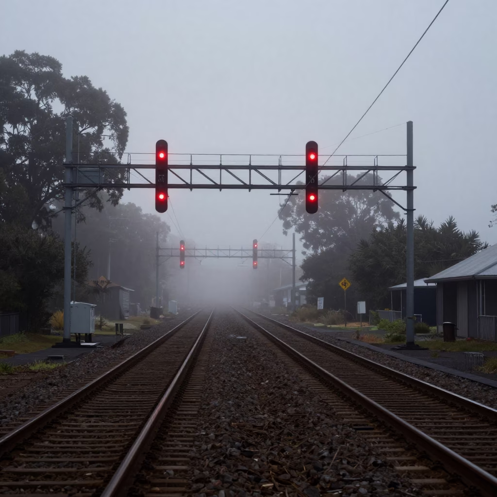 Sunrise Light on Rail Lines in Melbourne in in Melbourne, Victoria, Australia
