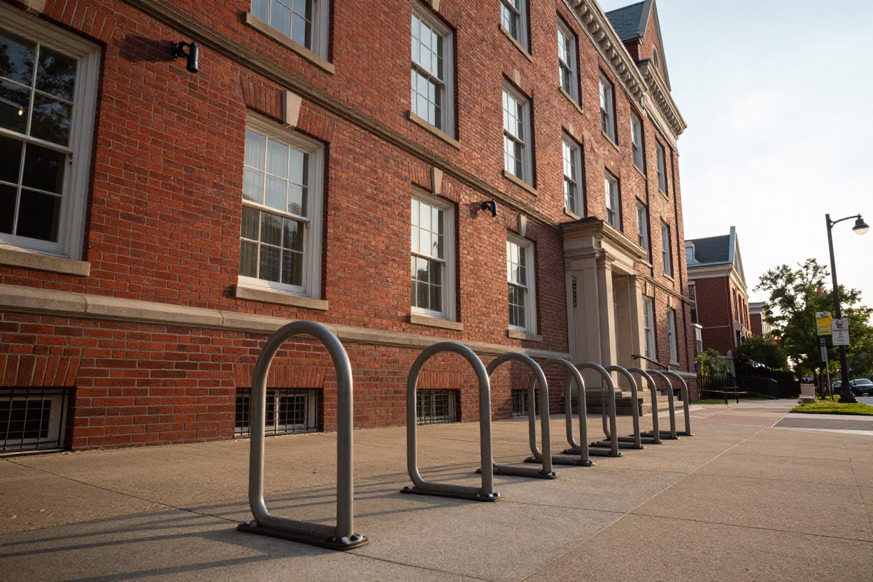Sunrise Light on Red Brick Lecture Building and Campus Bicycle Rack in Philadelphia Pennsylvania in in Philadelphia, Pennsylvania, United States