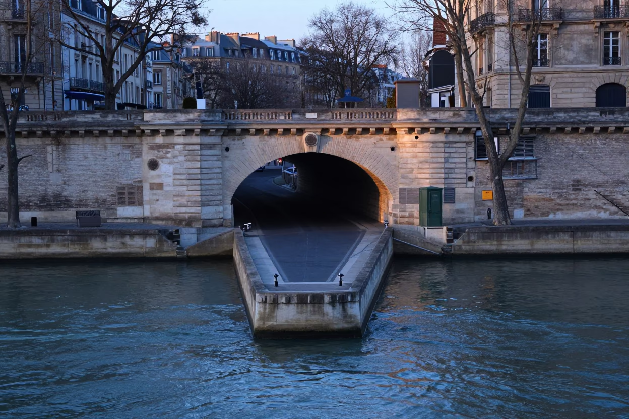 Sunrise Light on Riverbank Scene in Paris in in Paris, France
