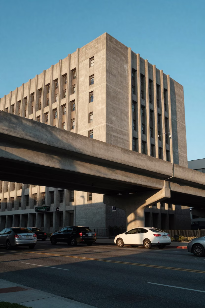 Sunrise light on San Diego concrete brutalist university building and traffic shadows in in San Diego, California, United States