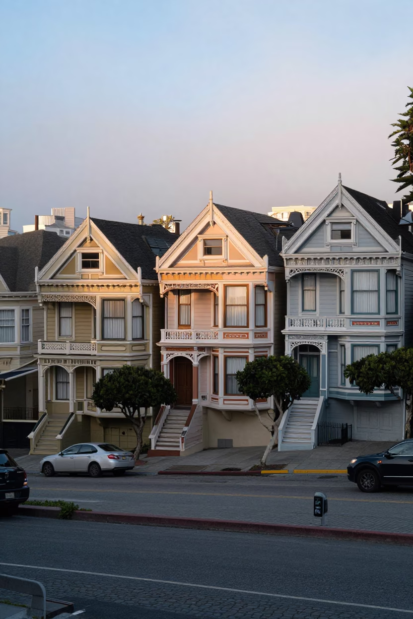 Sunrise Light on San Francisco Victorian Facades and Coastal Fog in in San Francisco, California, United States