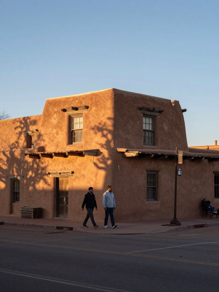 Sunrise Light on Santa Fe Adobe Architecture with Local Street Life in in Santa Fe, New Mexico, United States