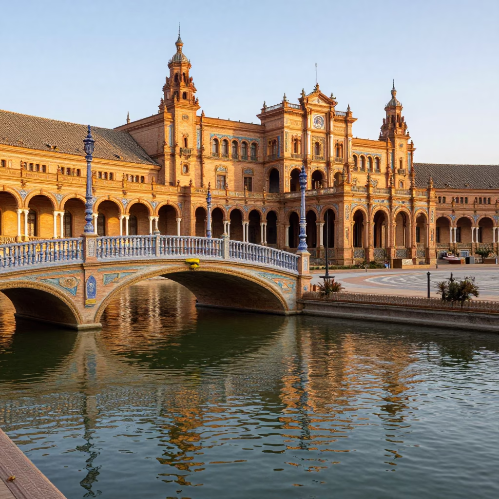 Sunrise Light on Seville Plaza de España Bridge Pier and Blue Porcelain Details in in Seville, Spain