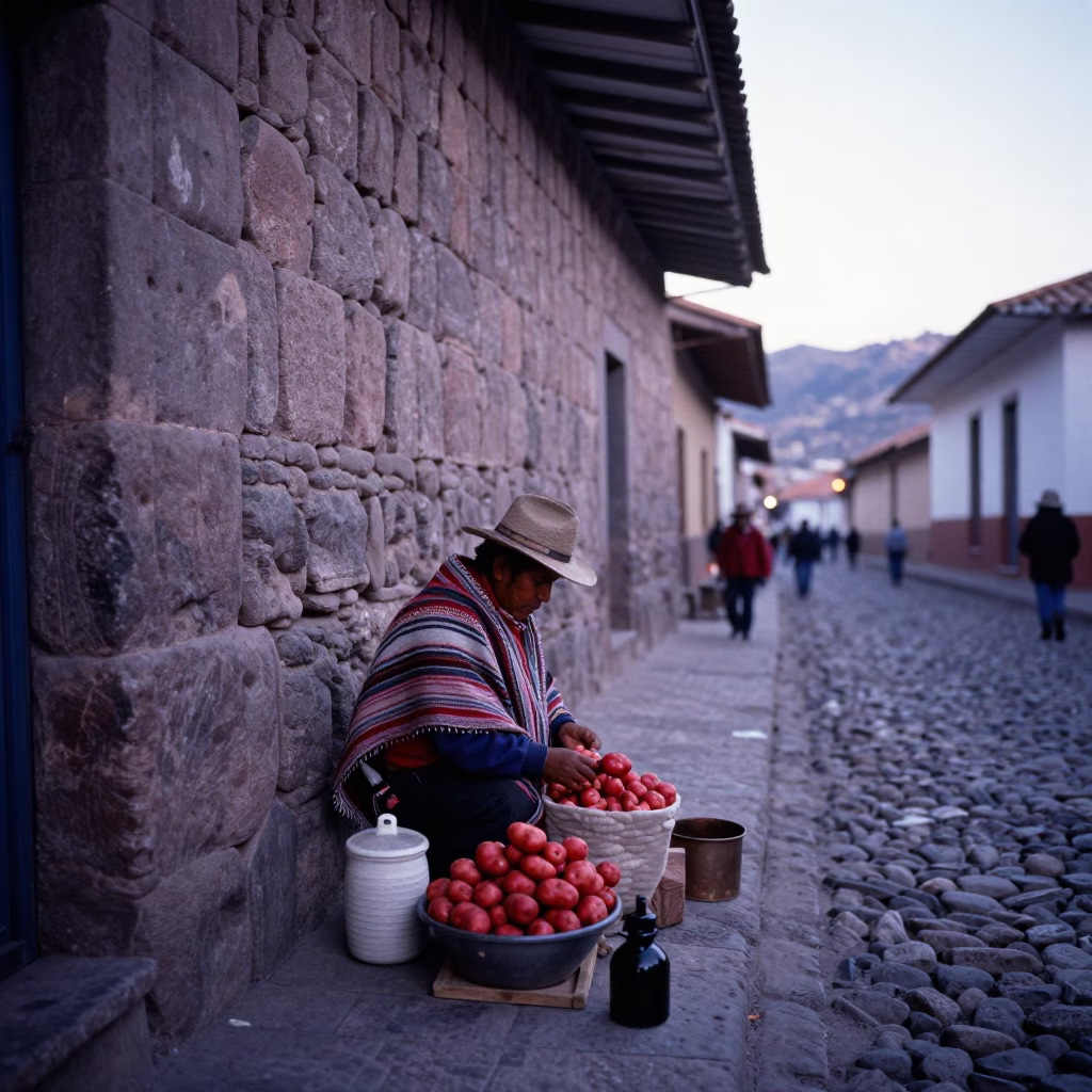 Sunrise Light on Street Life in Cusco in in Cusco, Peru
