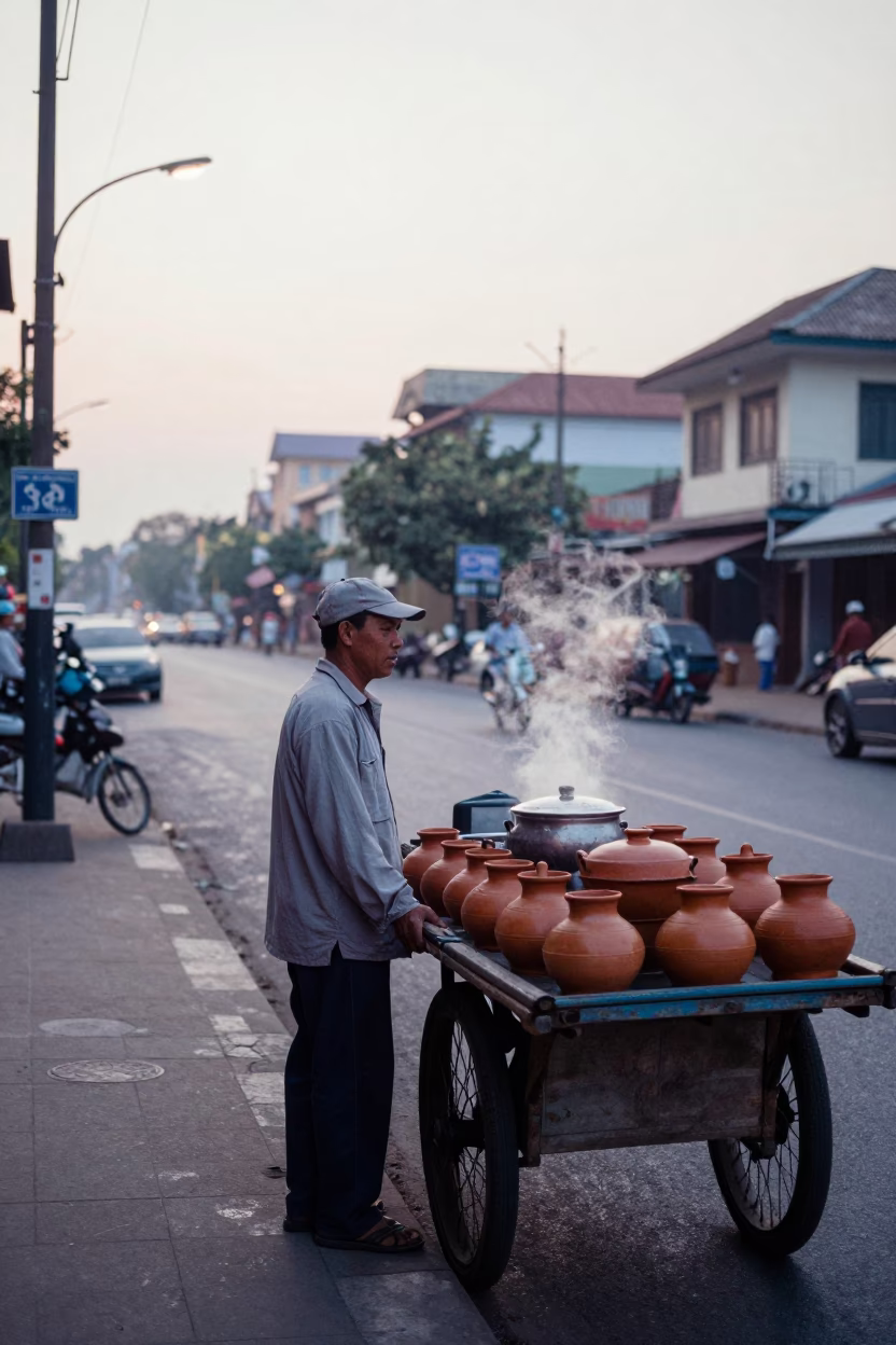 Sunrise Light on Street Vendor in Phnom Penh in in Phnom Penh, Cambodia
