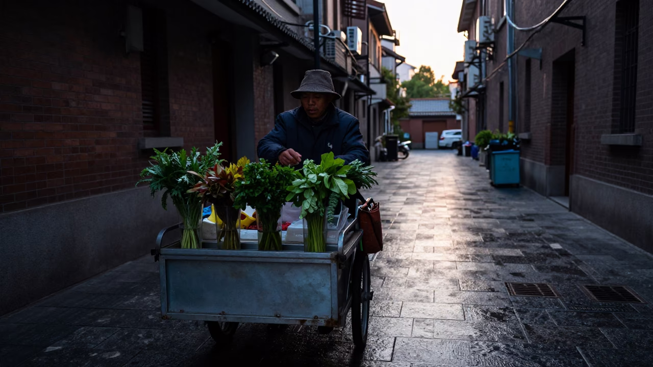 Sunrise Light on Street Vendor in Shanghai in in Shanghai, China