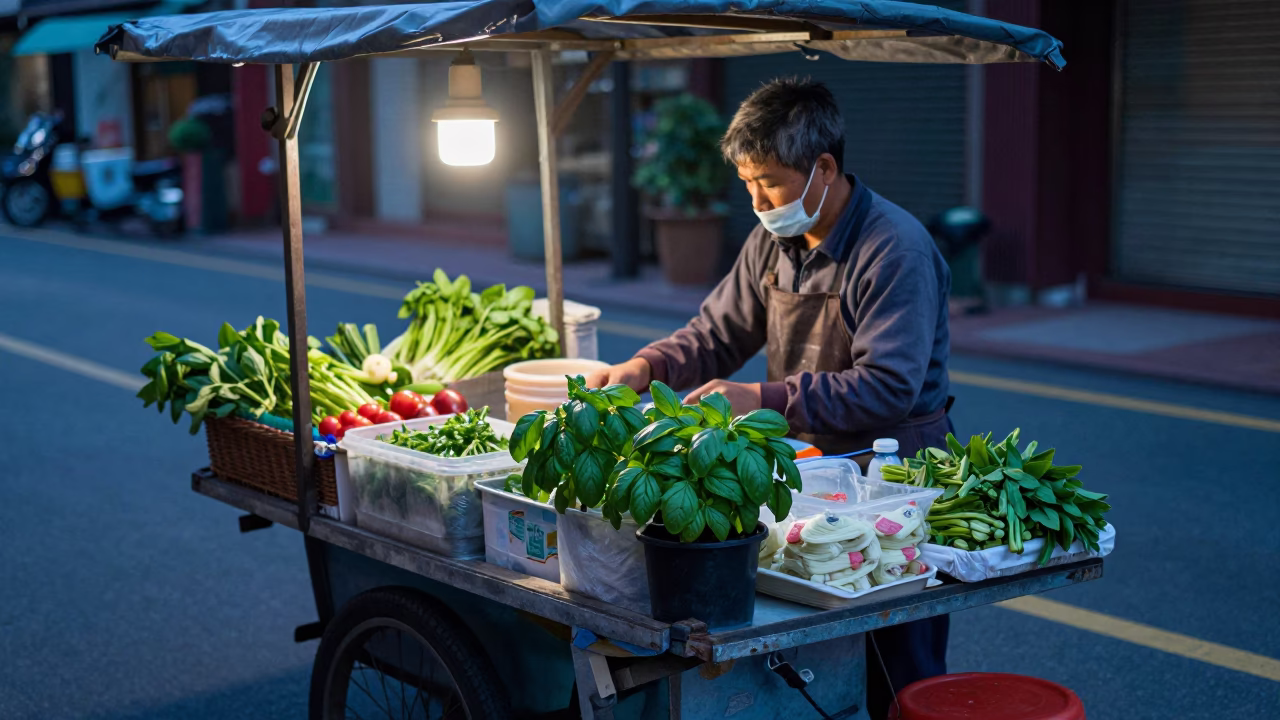 Sunrise Light on Street Vendor in Taipei in in Taipei, Taiwan