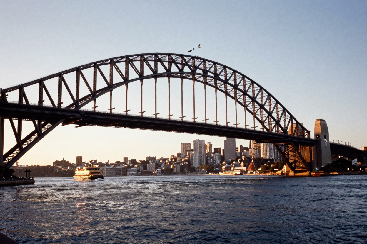 Sunrise Light on Sydney Harbour Bridge Steel Girders and Harbor Water in in Sydney, New South Wales, Australia