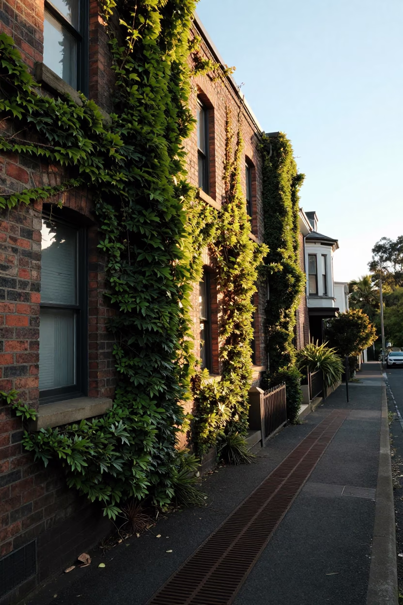 Sunrise light on Sydney terrace ivy and storm drain near swollen creek in in Sydney, New South Wales, Australia