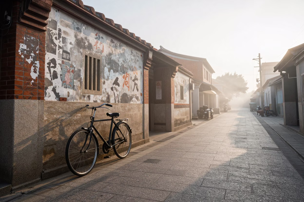 Sunrise Light on Traditional Tainan Street with Vintage Bicycle and Morning Mist in in Tainan, Taiwan