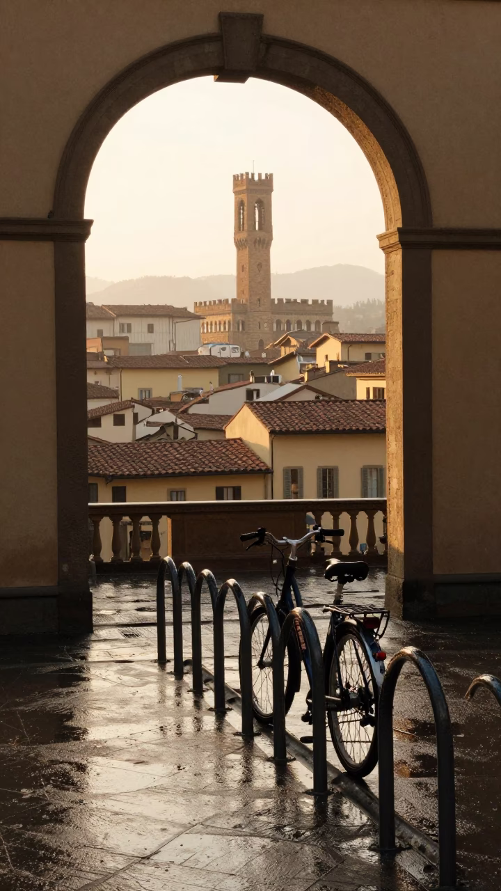 Sunrise Light on University Archway Framing Wet Bicycle Rack in Florence Italy in in Florence, Italy