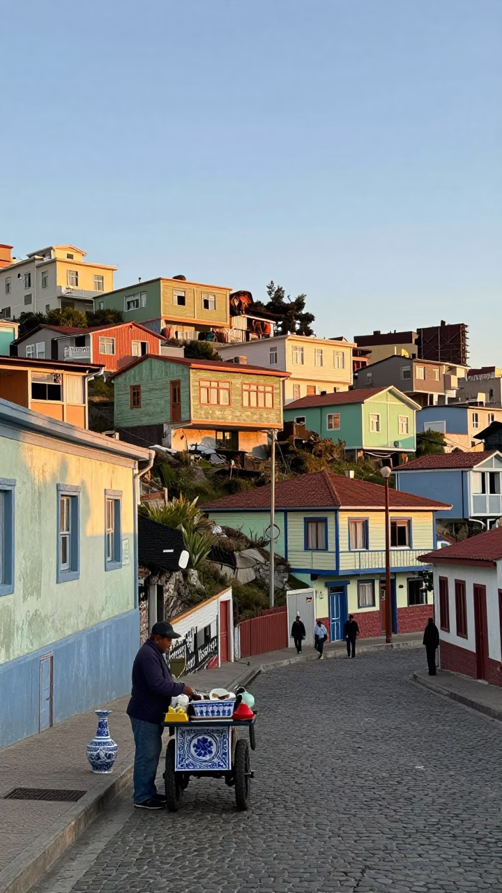 Sunrise Light on Valparaiso Hillside Street with Local Vendor and Blue Porcelain Plate in in Valparaiso, Chile