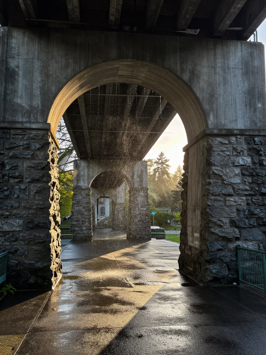 Sunrise Light on Vancouver Viaduct Arch Undercroft and Ferny Stone Drips in in Vancouver, British Columbia, Canada