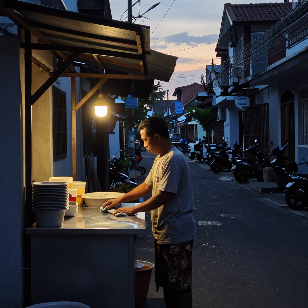 Sunrise Light on Vendor Preparation in Denpasar in in Denpasar, Indonesia