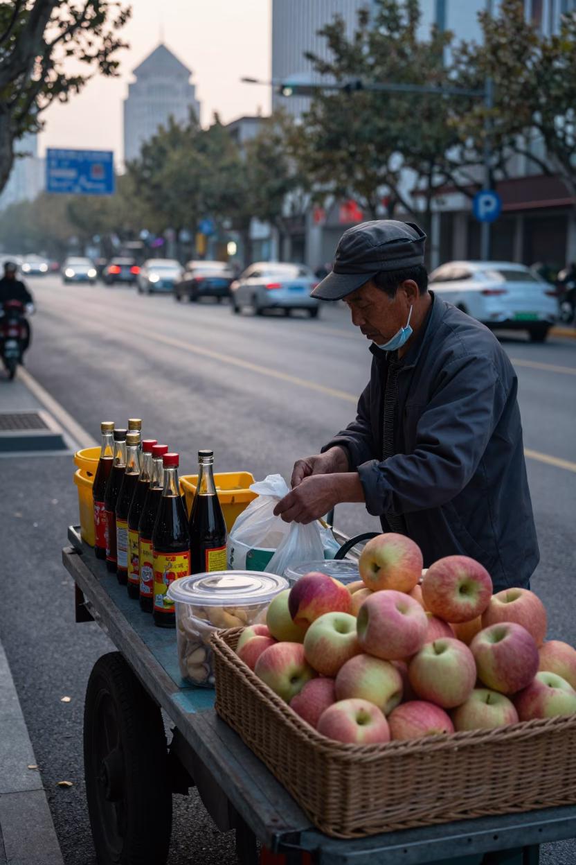 Sunrise Light on Vendor Scene in Shanghai in in Shanghai, China