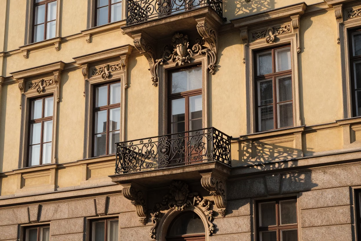 Sunrise light on Vienna historic architecture with street details in in Vienna, Austria