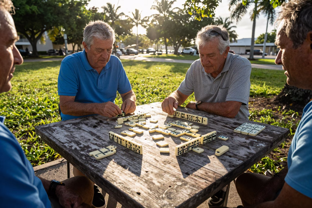 Sunrise Light on Vintage Dominoes at Miami Park Street Table in in Miami, Florida, United States
