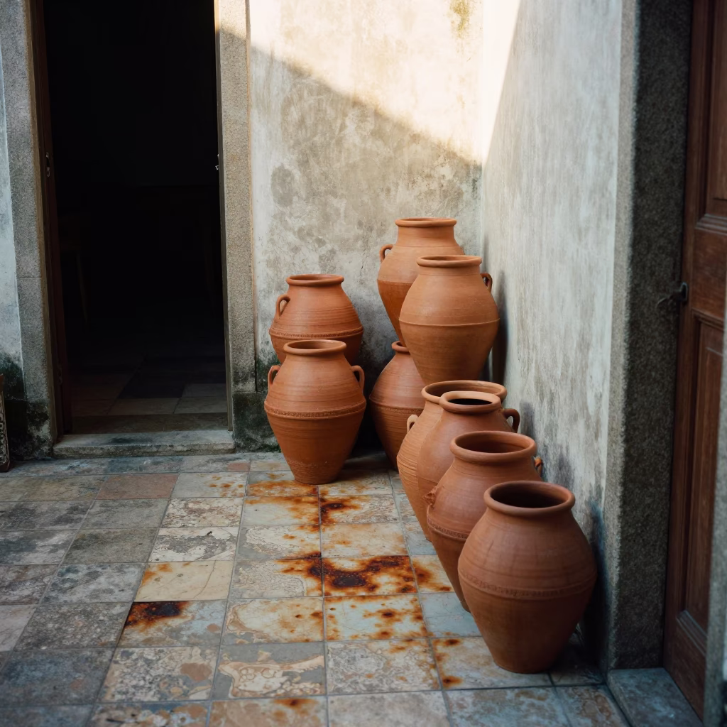 Sunrise Light on Weathered Tile and Clay Pots in a Rio de Janeiro Courtyard in in Rio de Janeiro, Brazil